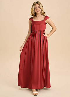 Azazie Hattie Junior Pomegranate A-Line Pleated Stretch Satin Dress image5