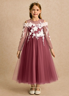 Azazie Lilah vestidos de niña de las flores Vestido Merlot de Tul de Línea A con Encaje image4