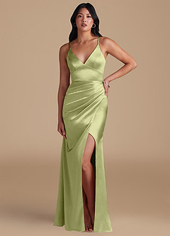 Azazie Shania Bridesmaid Dresses Pistachio Sheath Pleated Metallic Satin Dress image1