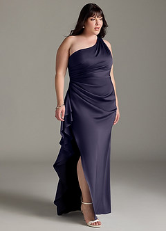 Azazie Latrice Bridesmaid Dresses Stormy Sheath One Shoulder Cascading Ruffles Stretch Satin Dress image9