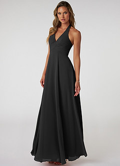 Azazie Tessie Robes de demoiselle d'honneur Robe Trapèze en Mousseline de soie Col V plissé Noir image3