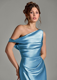 Azazie Emerson Bridesmaid Dresses Steel Blue Mermaid Off the Shoulder Metallic Satin Dress image7