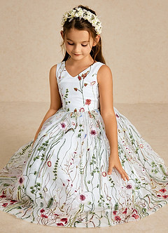 Azazie Arianna vestidos de niña de las flores Vestido de Diamante Blanco de Tul de Corte En A con Encaje image4