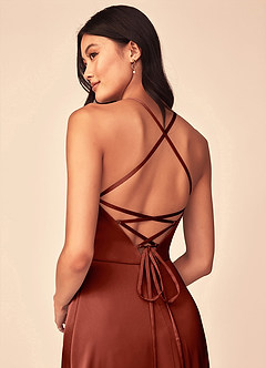 Azazie Mei Bridesmaid Dresses Terracotta A-Line V-Neck Stretch Satin Dress image3