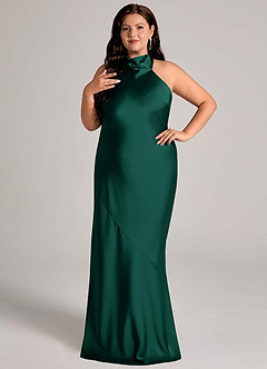 Azazie Velli Bridesmaid Dresses Emerald Mermaid High Neck Stretch Satin Dress image3