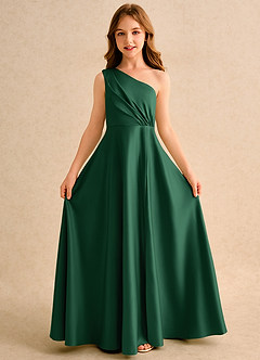 Azazie Puddles Junior Formal Abiti da Ragazza di Fiori Abito A-Line in Raso Opaco Monospalla Verde Scuro image5