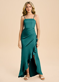 Azazie Buzzy Junior Peacock Sheath Pleated Stretch Satin Dress image3