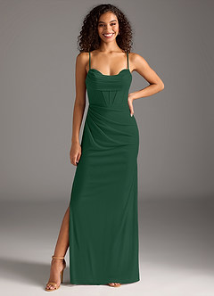 Azazie Mai Vestidos de damas de honor Vestido de Verde Oscuro de Malla de Corte Recto con Plisado image3