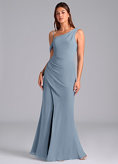 Azazie Madelyn Bridesmaid Dresses Dusty Blue Mermaid Off the Shoulder Chiffon Convertible Dress image4