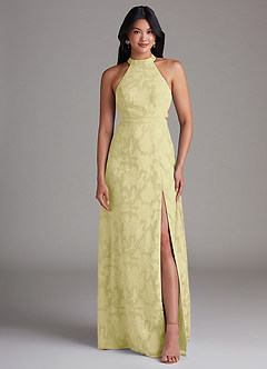 Azazie Clarice Bridesmaid Dresses Lemon Sorbet A-Line Side Slit Floral Burnout Dress image4