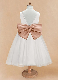 Azazie Seline Flower Girl Dresses Ivory Champagne Rose A-Line Bow Tulle Dress image7