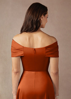 Azazie Amelia Vestidos para mãe da noiva Vestido Laranja Queimada de Cetim elástico de Linha A com Fora do ombro image8