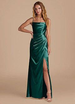 Azazie Marzia Bridesmaid Dresses Pine Mermaid Pleated Metallic Satin Dress image1