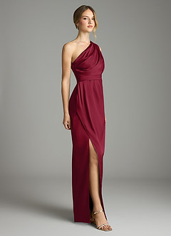 Azazie Emorie Bridesmaid Dresses Burgundy Sheath One Shoulder Stretch Satin Dress image4