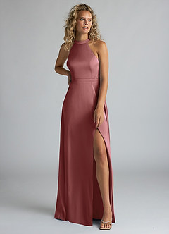 Azazie Clarice Bridesmaid Dresses Amethyst A-Line High Neck Stretch Satin Dress image5