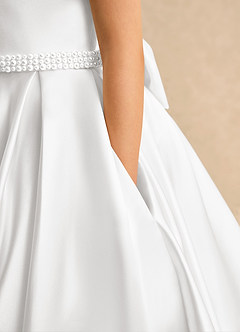 Azazie Gabriella Flower Girl Dresses White Ball-Gown with Sleeves Matte Satin Dress image6
