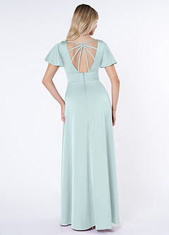 Azazie Lani Bridesmaid Dresses Sea Glass A-Line Flounce Sleeve Stretch Satin Dress image2