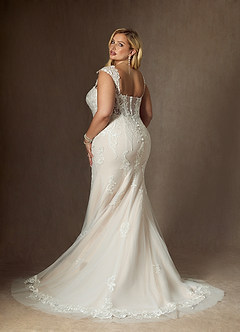 Azazie Roux Vestidos de novia Vestido de Blanco Diamante Champán de Satén de Corte Sirena con Lentejuela image8