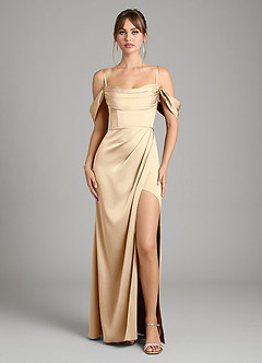 Azazie Johana Bridesmaid Dresses Champagne Mermaid Off the Shoulder Stretch Satin Convertible Dress image3