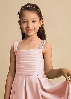 Azazie Kat Flower Girl Dresses Blushing Pink A-Line Pleated Matte Satin Dress image7