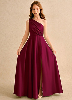 Azazie Puddles Girls Formal Robe Demoiselle D'honneur Fillette Robe Trapèze en Satin extensible Une épaule Bourgogne image5