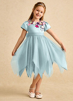 Azazie Janna Flower Girl Dresses Mist A-Line with Sleeves Matte Satin Dress image1