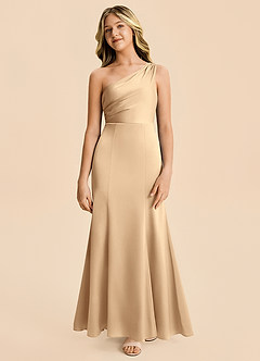 Azazie Ren Junior Champagne A-Line Pleated Stretch Satin Dress image5