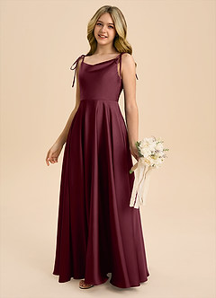 Azazie Popsy Junior A라인 절하다 스트레치 새틴 플로어 길이 주니어 신부 들러리 드레스 image7