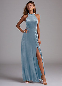 Azazie Clarice Bridesmaid Dresses Dusty Blue A-Line Side Slit Velvet Dress image4