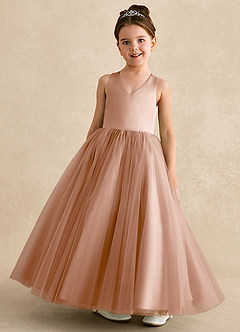 Azazie Peanut Flower Girl Dresses Champagne Rose A-Line Strap Tulle Dress image4