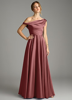 Azazie Xanthe Bridesmaid Dresses Amethyst A-Line Off the Shoulder Stretch Satin Dress image1