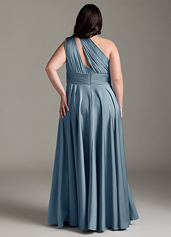 Azazie Charlize Robes de demoiselle d'honneur Robe Trapèze en Satin extensible Ue épaule Bleu Poussiéreux image2