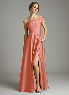 Azazie Melanie Vestidos de damas de honor Vestido de Rosa Salmón de Satén Elástico de Corte en A con Vestidos sin tirantes image1
