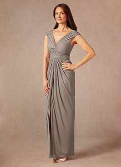 Azazie Lisolette Mother of the Bride Dresses Taupe Sheath Pleated Mesh Dress image3
