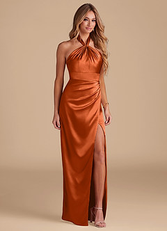 Azazie Zaya Robes de demoiselle d'honneur Robe Fourreau en Satiné métallisé Plissée Orange Brûlée image5