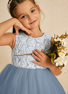 Azazie Missy vestidos de niña de las flores Vestido de Marfil Azul Polvoriento de Tul de Corte En A con Sin mangas image1