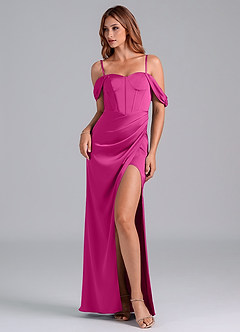 Azazie Asha Jurken voor bruidsmeisjes Converteerbaar Jurk van Stretch Satijn met Kolom Off the Shoulder Fuchsia image6