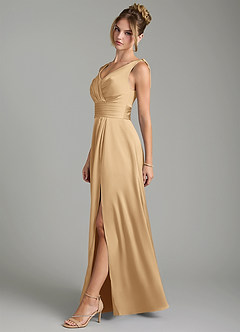 Azazie Karina Bridesmaid Dresses Gold A-Line Pleated Stretch Satin Dress image3