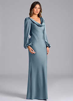 Azazie Rylina Bridesmaid Dresses Dusty Blue Mermaid Long Sleeve Stretch Satin Dress image3