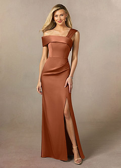 Azazie Laramie Mother of the Bride Dresses Copper Mermaid Pleated Stretch Satin Dress image1