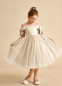 Azazie Amie Flower Girl Dresses Champagne A-Line Off the Shoulder Matte Satin Dress image1