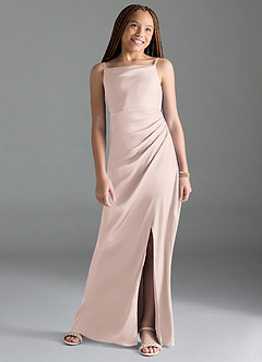 Azazie Leonis Junior Vestido Rosa Corado de Cetim elástico de Linha A com Plissado image1