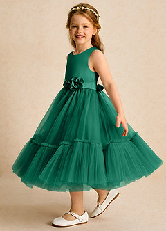 Azazie Miracle vestidos de niña de las flores Vestido de Esmeralda de Satin Mate de Corte En A con Lazo image3