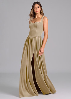 Azazie Francis Bridesmaid Dresses Golden Tan A-Line Corset Velvet Dress image7