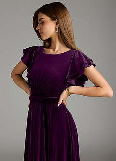 Azazie Daphne Modest Bridesmaid Dresses A-Line Velvet Floor-Length Dress with Belt image2