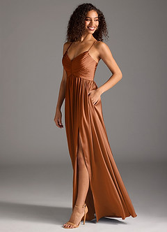 Azazie Alia Bridesmaid Dresses Copper A-Line Pleated Stretch Satin Dress image6