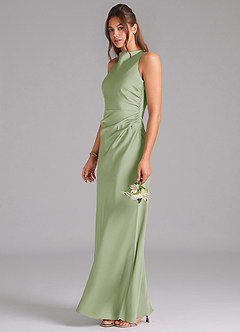Azazie Evadne Bridesmaid Dresses Dusty Sage Sheath Pleated Stretch Satin Dress image1