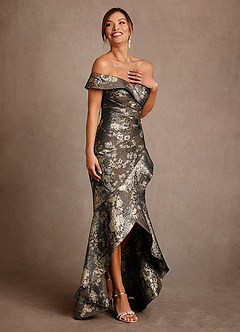 Azazie Winnetka Klänningar till brudens mor Klä Sjöjungfru i Blommig Jacquard Av axeln Mocha Coco image4