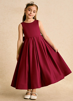 Azazie Cailee Flower Girl Dresses Burgundy Ball-Gown Pleated Matte Satin Dress image2