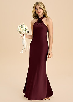 Azazie Chickie Junior Vestido de Cabernet de Satén Elástico de Corte Recto con Plisado image4